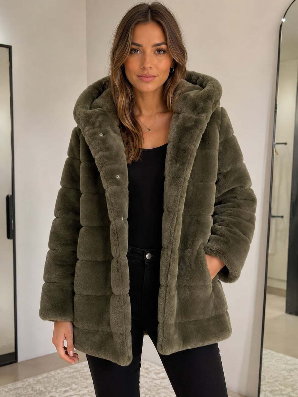 Apparis Goldie Hooded Faux Fur Jacket in Army Green